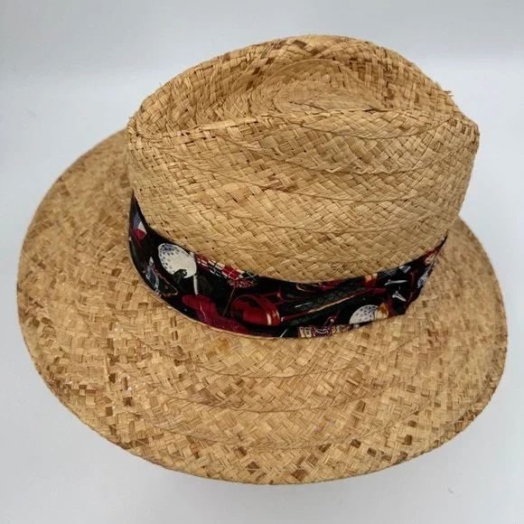 Mango Mango Straw Sun Hat Tan Golf Masters Novelty Print Band Made in USA Fedora